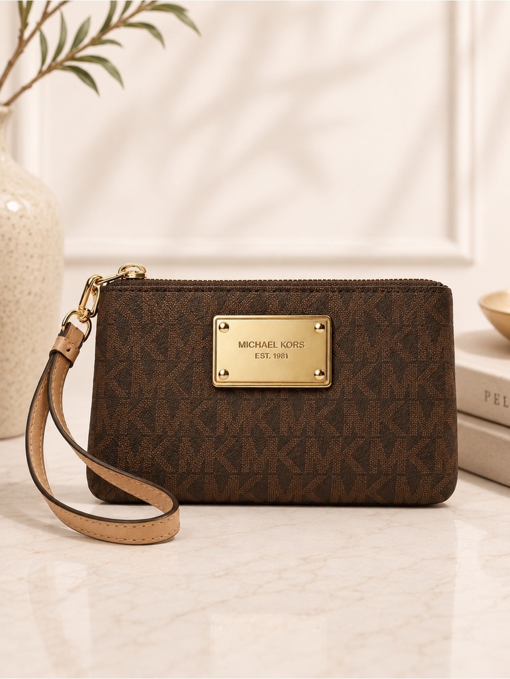 Michael Kors MK Signature Brown Monogram Wristlet Zip Wallet
